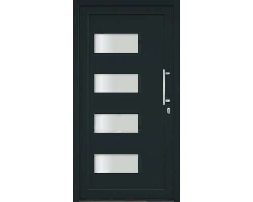 Vchodové dveře se čtyřmi obdélníkovými skleněnými výplněmi a madlem z nerezové oceli