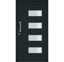 Vchodové dveře se čtyřmi obdélníkovými skleněnými panely a nerezovou klikou