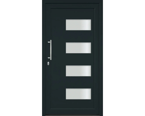 Vchodové dveře se čtyřmi obdélníkovými skleněnými panely a nerezovou klikou