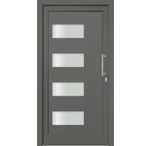 Šedé vchodové dveře se čtyřmi obdélníkovými skleněnými vložkami