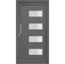 Šedé vchodové dveře se čtyřmi obdélníkovými skleněnými panely a klikou