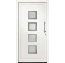 Bílé vchodové dveře se čtyřmi čtvercovými skleněnými výplněmi a klikou