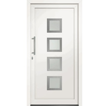 Bílé vchodové dveře se čtyřmi obdélníkovými skleněnými panely a klikou