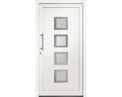Bílé vchodové dveře se čtyřmi obdélníkovými skleněnými panely a klikou