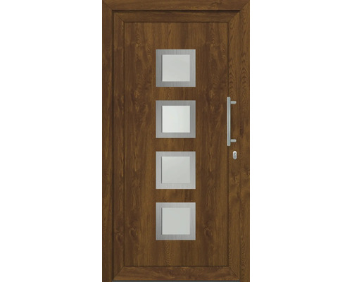 Vchodové dveře se čtyřmi skleněnými výplněmi a kovovou klikou