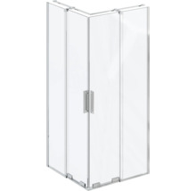 Rohová sprcha s čirými skleněnými stěnami a madly