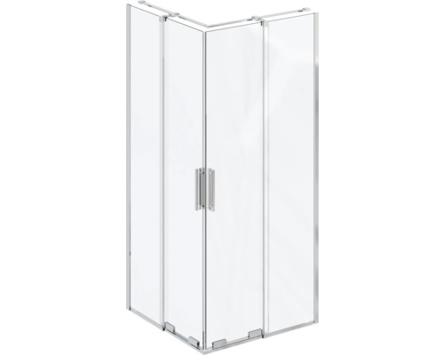 Rohová sprcha s čirými skleněnými stěnami a madly