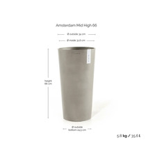 Šedý květináč Ecopots Amsterdam Mid High 66: výška 66 centimetrů, průměr 34 centimetrů, hmotnost 5,8 kilogramů, objem 35,6 litrů.
