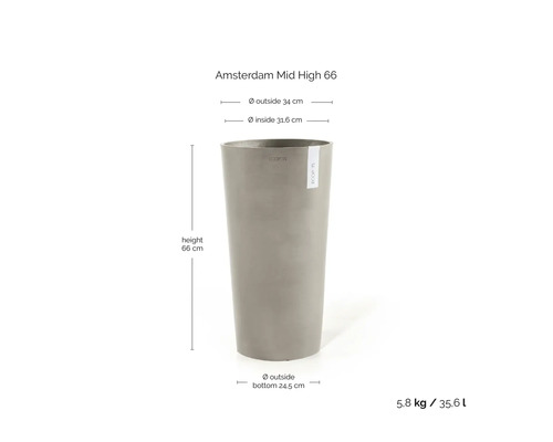 Šedý květináč Ecopots Amsterdam Mid High 66: výška 66 centimetrů, průměr 34 centimetrů, hmotnost 5,8 kilogramů, objem 35,6 litrů.