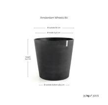 Květináč Amsterdam Wheels 80: výška 74,2 centimetru, vnější průměr 80 centimetrů, hmotnost 35 kilogramů, objem 300 litrů.
