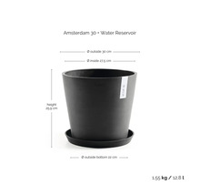 Kulatý květináč Amsterdam 30 s miskou a zásobníkem na vodu, výška 25,9 centimetrů, vnější průměr 30 centimetrů, objem 12,8 litrů.