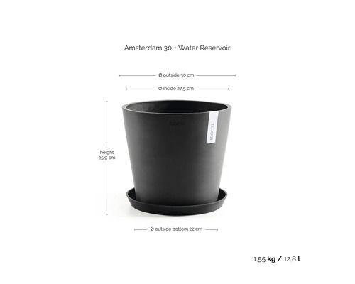 Kulatý květináč Amsterdam 30 s miskou a zásobníkem na vodu, výška 25,9 centimetrů, vnější průměr 30 centimetrů, objem 12,8 litrů.