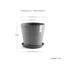 Květináč Ecopots Amsterdam 30 s rezervoárem na vodu, výška 25,9 centimetrů, průměr 30 centimetrů, hmotnost 1,55 kilogramů, objem 12,8 litrů.