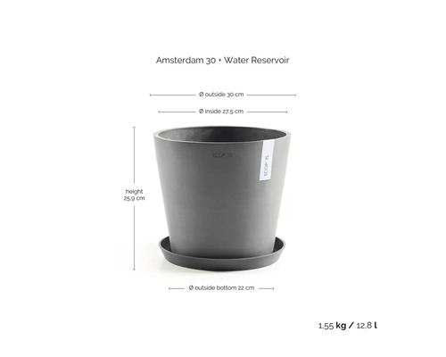 Květináč Ecopots Amsterdam 30 s rezervoárem na vodu, výška 25,9 centimetrů, průměr 30 centimetrů, hmotnost 1,55 kilogramů, objem 12,8 litrů.