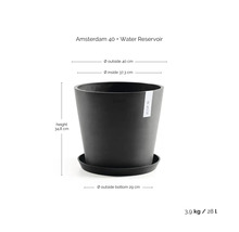 Květináč Ecopots Amsterdam 40 s miskou a zásobníkem na vodu, průměr 40 centimetrů, výška 34,8 centimetrů, objem 28 litrů.