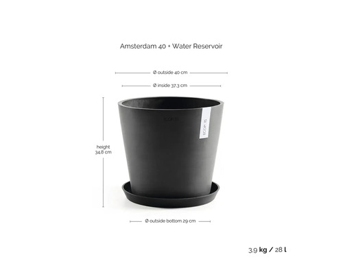 Květináč Ecopots Amsterdam 40 s miskou a zásobníkem na vodu, průměr 40 centimetrů, výška 34,8 centimetrů, objem 28 litrů.