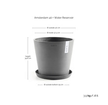 Květináč Ecopots Amsterdam 40 s miskou a zásobníkem vody, výška 34,8 centimetrů, vnější průměr 40 centimetrů, objem 28 litrů.