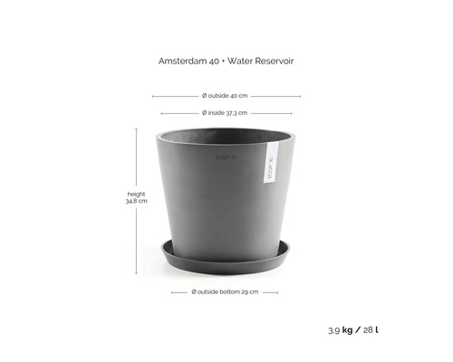 Květináč Ecopots Amsterdam 40 s miskou a zásobníkem vody, výška 34,8 centimetrů, vnější průměr 40 centimetrů, objem 28 litrů.