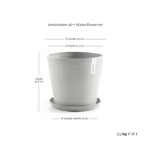 Květináč Ecopots Amsterdam 40 s miskou a zásobníkem na vodu, průměr 40 centimetrů, výška 34,8 centimetrů, objem 28 litrů.