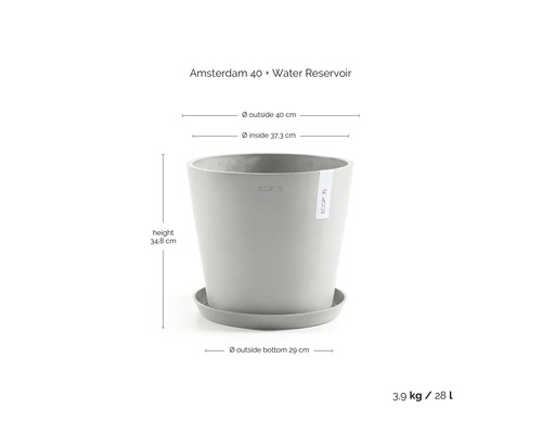 Květináč Ecopots Amsterdam 40 s miskou a zásobníkem na vodu, průměr 40 centimetrů, výška 34,8 centimetrů, objem 28 litrů.
