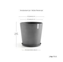 Květináč ECOPOTS Amsterdam 50 šedý s rezervoárem na vodu a miskou, výška 44,3 centimetrů, průměr 50 centimetrů, objem 62 litrů.