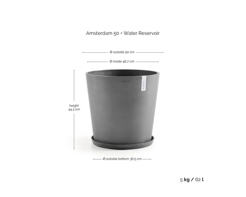 Květináč ECOPOTS Amsterdam 50 šedý s rezervoárem na vodu a miskou, výška 44,3 centimetrů, průměr 50 centimetrů, objem 62 litrů.