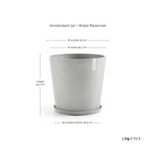Šedý kulatý květináč Ecopots Amsterdam 50 s podmiskou a zásobníkem na vodu, výška 44,3 centimetru, průměr 50 centimetrů, 62 litrů.
