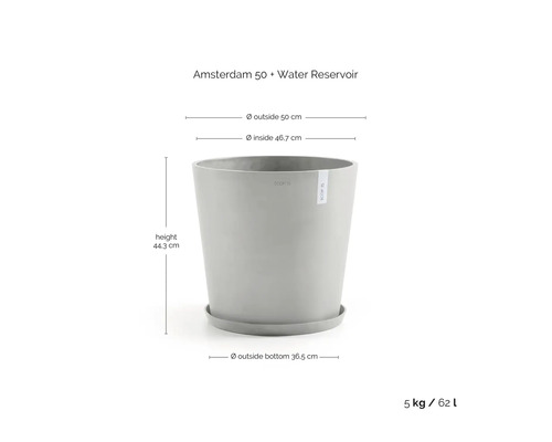 Šedý kulatý květináč Ecopots Amsterdam 50 s podmiskou a zásobníkem na vodu, výška 44,3 centimetru, průměr 50 centimetrů, 62 litrů.