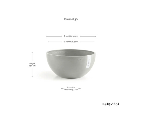 Mísa na rostliny Ecopots Brussel 30 s rozměry: vnější průměr 30 centimetrů, vnitřní průměr 28,3 centimetrů, výška 14,8 centimetrů.