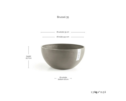 Mísa na rostliny ECOPOTS Brussel 35, průměr 35 centimetrů, výška 16,7 centimetru, objem 11,5 litru, hmotnost 1,3 kilogramu.