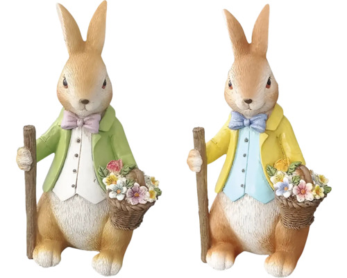 Dvě figurky zajíčků s bundou, hůlkou a košíkem květin jako velikonoční dekorace