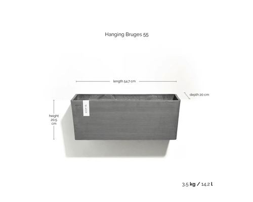 Šedý obdélníkový truhlík Hanging Bruges 55, rozměry 54,7 krát 20,5 krát 20 centimetrů, objem 14,2 litru.