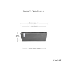Tmavě šedý truhlík Bruges 55 se zásobníkem vody, výška 17,5 centimetrů, horní šířka 55,3 centimetrů, dolní 50,5 centimetrů, objem 12 litrů.