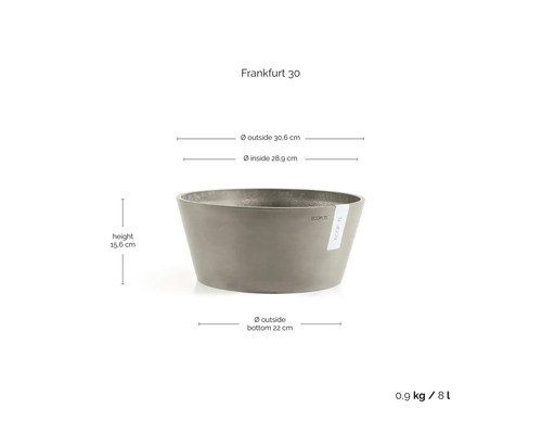 Šedá mísa na rostliny Ecopots Frankfurt 30: výška 15,6 centimetru, vnější průměr 30,6 centimetru, objem 8 litrů.