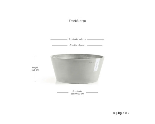 Šedý květináč Ecopots Frankfurt 30: výška 15,6 centimetru, vnější průměr 30,6 centimetru, objem 8 litrů, hmotnost 0,9 kilogramu.