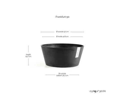 Květináč Ecopots Frankfurt 50, antracit, průměr 50 centimetrů, výška 25,7 centimetrů, objem 30,6 litru, z recyklovaného plastu.