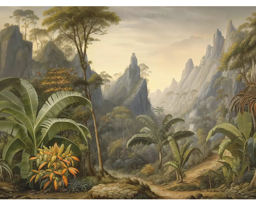 Vliesová tapeta s motivem džungle, horami, palmami a exotickými rostlinami v antickém malířském stylu.