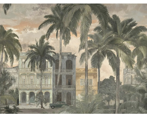 Vliesová fototapeta s motivem tropických palem před historickými budovami a veteránem ve stylu Havany.