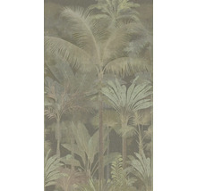 Tapeta s tropickým vzorem palem a listů džungle.