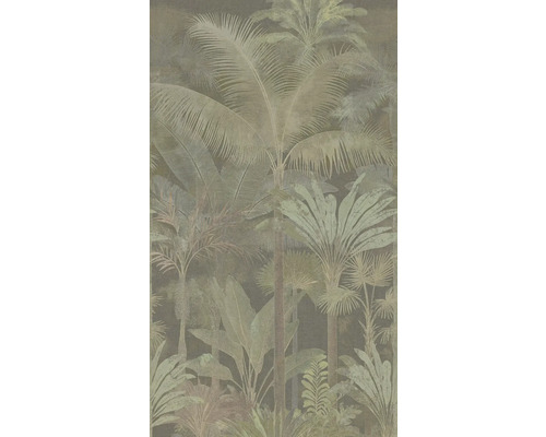Tapeta s tropickým vzorem palem a listů džungle.