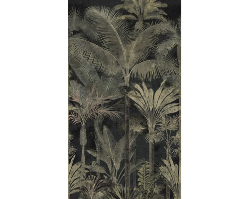 Tapeta s tropickým motivem džungle, různými palmami a velkými listy ve vintage stylu.