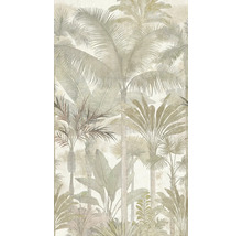 Tapeta s tropickým motivem džungle, zobrazující různé palmy a exotické rostliny v detailním grafickém stylu.