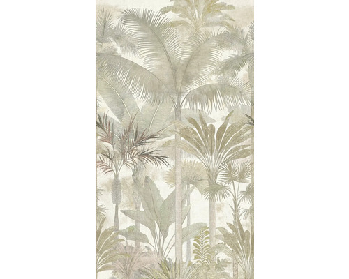 Tapeta s tropickým motivem džungle, zobrazující různé palmy a exotické rostliny v detailním grafickém stylu.