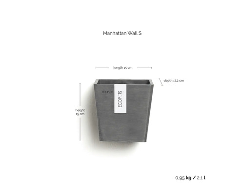 Nástěnný květináč Ecopots Manhattan Wall S, výška 15 centimetrů, délka 15 centimetrů, hloubka 17,2 centimetrů, váha 0,95 kilogramů, objem 2,1 litru.