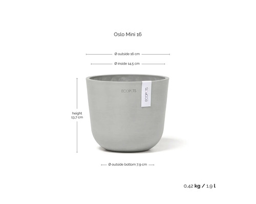 Šedý květináč Ecopots Oslo Mini 16 z recyklovaného plastu, výška 13,7 centimetru, vnější průměr 16 centimetrů, objem 1,9 litru.