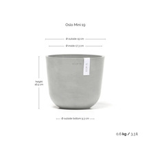 Květináč ECOPOTS Oslo Mini 19: výška 16,5 centimetru, vnější průměr 19 centimetrů, hmotnost 0,6 kilogramu, objem 3,3 litru.
