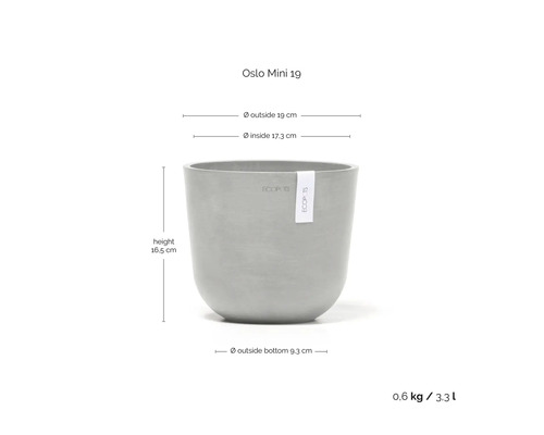 Květináč ECOPOTS Oslo Mini 19: výška 16,5 centimetru, vnější průměr 19 centimetrů, hmotnost 0,6 kilogramu, objem 3,3 litru.