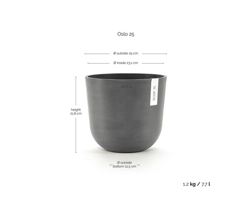 Květináč Ecopots Oslo 25 s rozměry: výška 21,8 centimetrů, vnější průměr 25 centimetrů, objem 7,7 litrů, hmotnost 1,2 kilogramů.