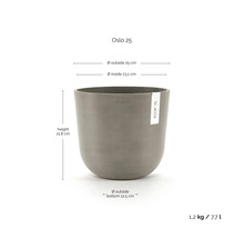 Květináč Ecopots Oslo 25: výška 21,8 centimetrů, vnější průměr 25 centimetrů, vnitřní průměr 23,1 centimetrů, objem 7,7 litrů.