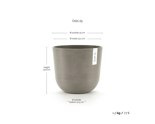 Květináč Ecopots Oslo 25: výška 21,8 centimetrů, vnější průměr 25 centimetrů, vnitřní průměr 23,1 centimetrů, objem 7,7 litrů.